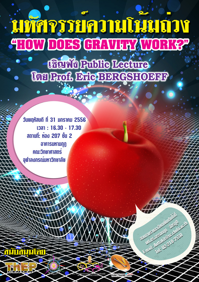PUBLIC LECTURE by Prof. Eric Bergshoeff of Groningen University (Holland) entitled HOW DOES GRAVITY WORK? will be held in conjunction with the workshop at 16:30 on January 31, 2013 in auditorium 207 at the 2nd floor of Mahamakut building (Chulalongkorn University main campus, Pathumwan, Bangkok).